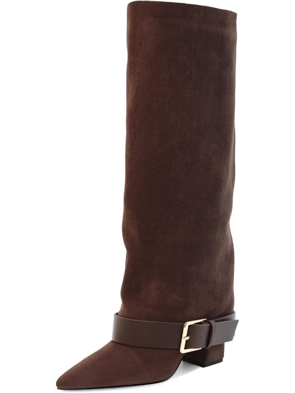 Women Brown Suede Fold Over Chunky High Heel Wide Calf Pointed Toe Buckle Boots
